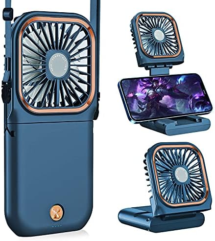 Allxin Portable Handheld Personal Necklace Fan Foldable Mini Quiet USB Rechargeable Fan With Mobile phone bracket function, 3000mAh Power Bank Hands Free Necklace Fans (Upgrade Blue)
