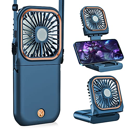 Allxin Portable Handheld Personal Necklace Fan Foldable Mini Quiet Usb Rechargeable Fan With Mobile Phone Bracket Function, 3000Mah Power Bank Hands Free Necklace Fans (Upgrade Blue) #TOP27
