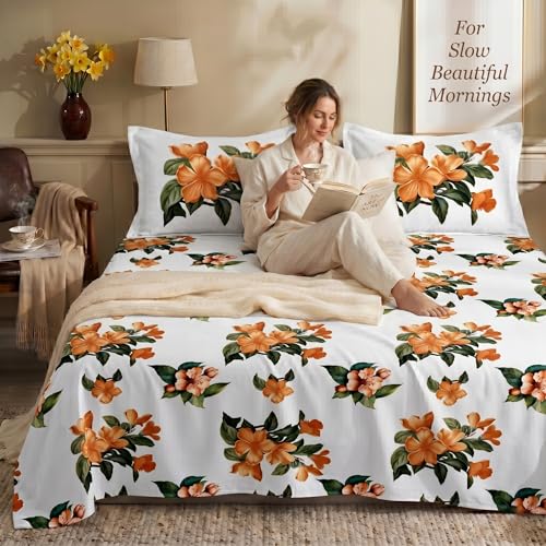 Image of SANMARINO 300TC Cloud Cotton King Size Bedsheet with 2 Pillow Covers | Super Soft & Breathable | Luxury Floral Pixel Bloom Digital Print Bedding Set | 228x254 cm | Rustic Floral Terracotta