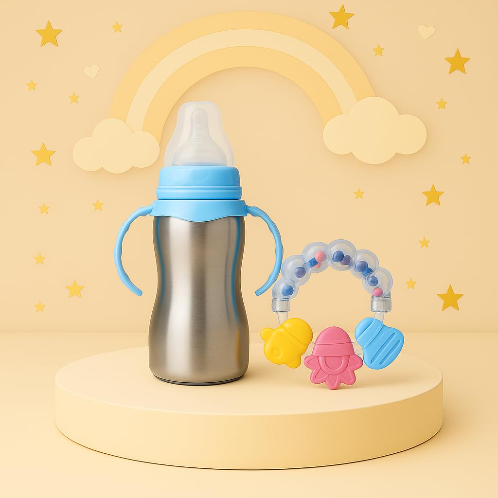 Baby 2 in 1 Multi-Functional Baby Stainless Steel Twin Handle Milk Juice 290ml Feeding Bottle with Ring Shape Rattle Teething Toy BPA Free (Design 1029, 290 ML)-image-35