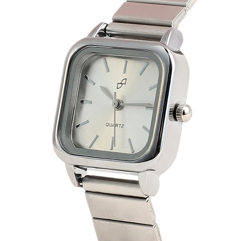Image of Haute Sauce Women's The Downtown Chain Square Watch | Silver Stainless Steel Strap | Metallic Silver Dial | One-Size | Foldover Closure | Quartz | Battery | Wrist Belt Watch for Female and Girls