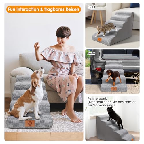 Zvonema Hundetreppe, Hundetreppe für Kleine Hunde, rutschfest Hunde Treppe 5 Stufen, Haustiertreppe mit hochdichtem Schaumstoff, waschbarer Hunderampe, Katzentreppe reduziert Stress auf Tiergelenke