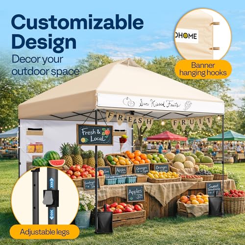 Image of VIVOHOME 10x10ft Pop Up Canopy Tent with Sidewall and 6 Pockets, One Push Setup Outdoor Portable Shelter Tent Heavy Duty with Wheel Carry Bag and 4 Sandbags, Beige