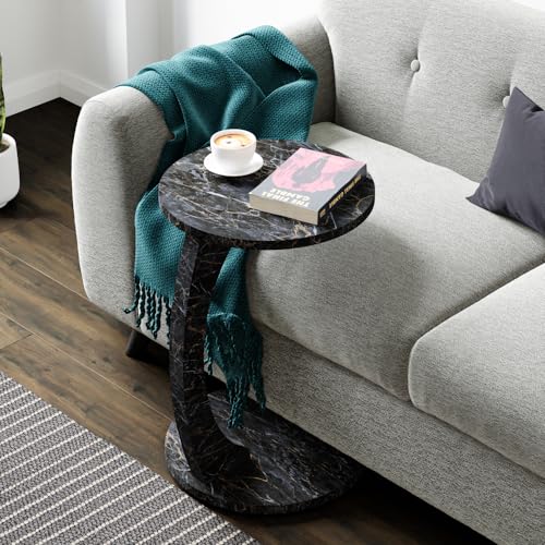C-Shaped Round End Table with Rolling Wheels - C-Type - Side Table Modern Design - Space-Saving Home Decor End Table for Living Room (Black Marble) GTIN: 8684663710654