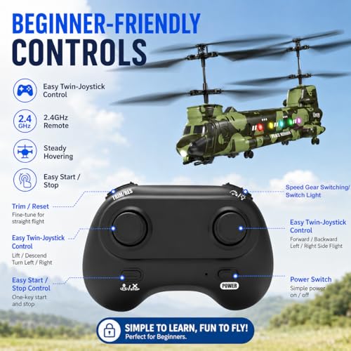 Image of Army Chinook Remote Control Helicopter, LM19-D Military Transport RC Helicopter, Altitude Hold, One Key take Off /Landing, LED Light, Low Battery Reminder, Army Toys & Gift for Military Fans