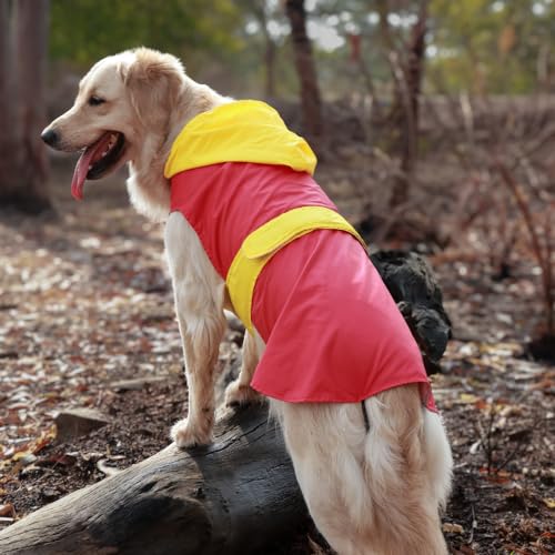 Image of Waterproof Dog Raincoat with Hood | Double Coloured Red-Yellow | Adjustable Velcro | Extra Coverage | Easy to Carry Pouch | for Small, Medium and Large Breed Dogs (Mini Adult (XL))