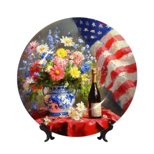 YZILDP American Flag Flower Bottles Ceramic Plate with Stand,6 in,4th of July Farmhouse Decorative Plates for Wall Hanging Ceramic Craft for Kitchen Cabinets Dining Room Office Home Decor,Round