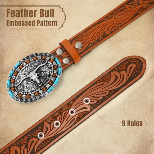 Western Genuine Leather Belt for Men Women Cowboy Belt with Turquoise Oval Buckle Longhorn for Jeans Pants2