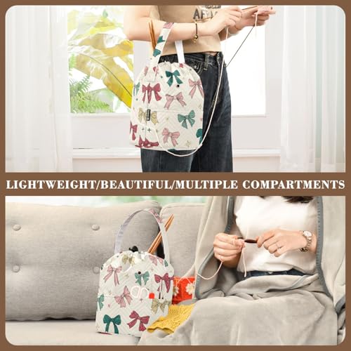 Image of ElliTarr Crochet Bag Yarn Bag with Handle Portable Knitting Project Bag Travel Yarn Storage Organizer Holder Case Bows and Stars Beige
