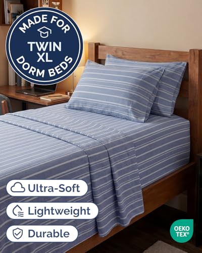 Image of Extra Deep Twin XL Sheet Set - 4 Piece Breathable & Cooling - Blue Stripes | Hotel Luxury Bed Sheets Set, Easy & Secure Fit, Ultra-Soft, Wrinkle & Fade Free, Comfy Sheets Set with Extra Deep Pockets