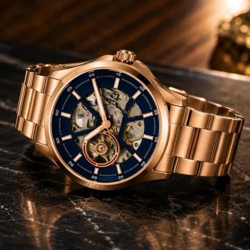 Image of Automatic Watches for Men Gold Watch Skeleton Analog Watch with Blue Dial, Mechanical Wrist Watch, Stainless Steel Chain Strap, Luxury Watches for Men, Classic Waterproof Timepiece