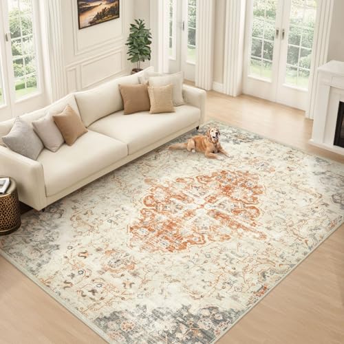Area Rugs 5x7 Living Room Rug: Large Washable Rugs 5x7 Boho Vintage Medallion Rug Indoor Soft Non-Slip Floor Carpet for Bedroom Kitchen Dining Table Nusery Home Office (Beige, 5'x7')