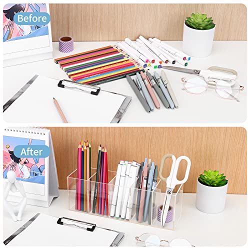 Uquelic Acrylic Pen Pencil Holder, 5 Compartments Clear Pen Pot - Image 3
