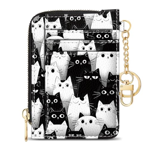 Image of GIANCOMICS Slim Wallet Credit Card Holder Women, Cats Rfid Blocking Small Card Case, Keychain Thin Pocket Curved Zipper Wallet, Travel Card Holder PU Leather ID Window, Ladies Female Gifts