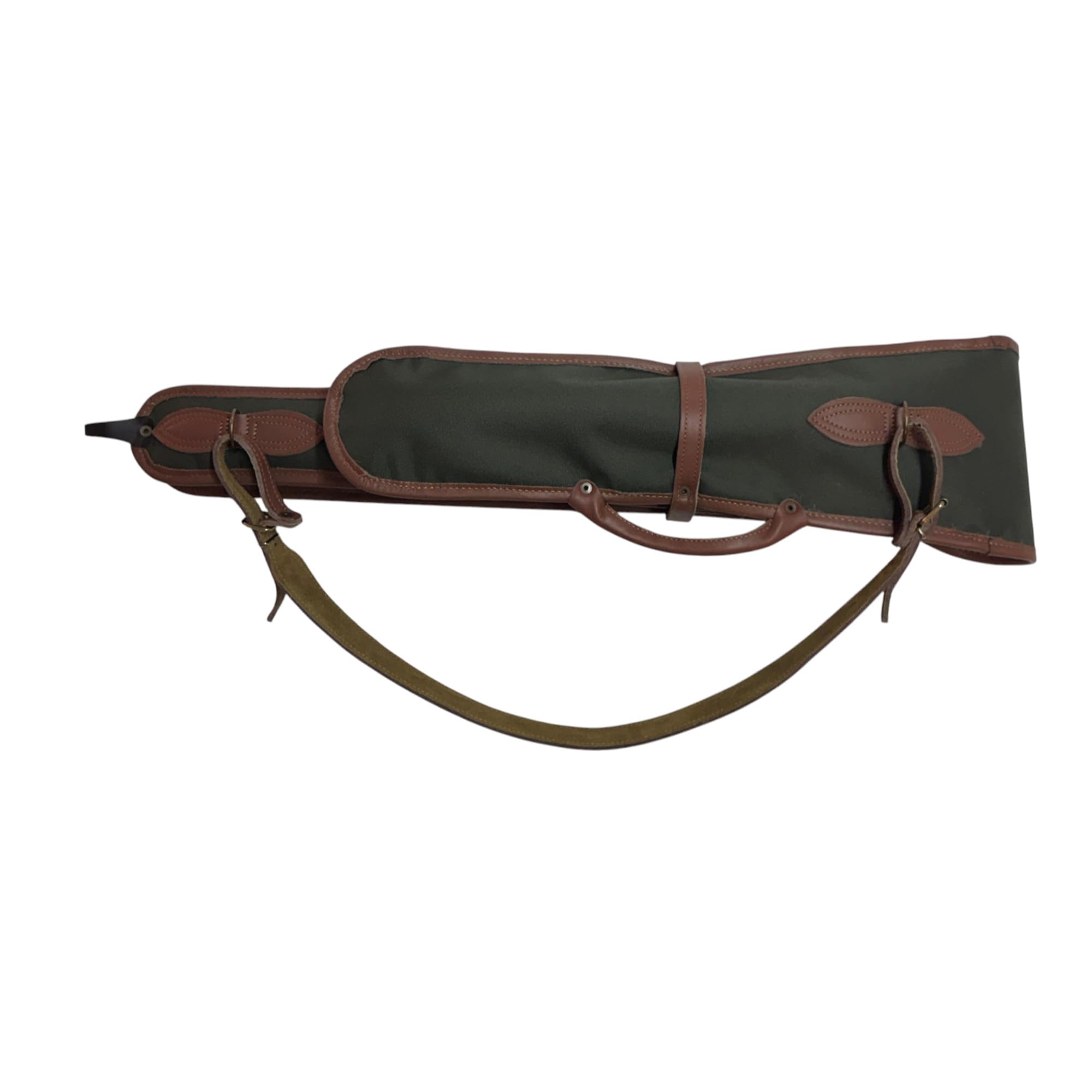 Funda para Escopeta paralela o superpuesta de Caza con Doble Compartimento para cañón Extra, Lona Verde y rivete en Cuero Marrón