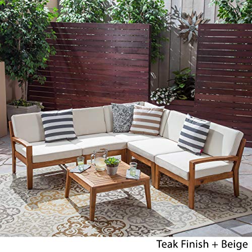 Great Deal Furniture Roy Outdoor Acacia Wood 5 Seater Sectional Sofa Set With Coffee Table, Teak And Beige #TOP2
