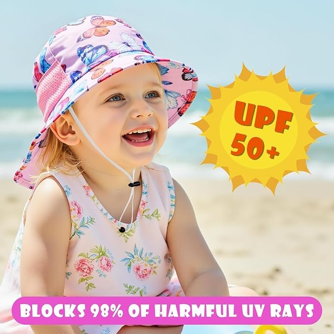 Image of Toddler Baby Sun Hat Kids Summer Beach Essentials Adjustable Beach Hats with Bucket Wide Brim for Boys Girls Age 0-14 Years