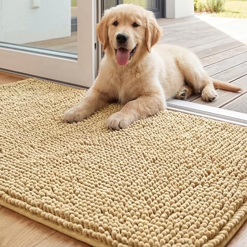 Image of H.VERSAILTEX Dog Door Mat for Muddy Paws Absorbent Dirt Trapper Non Slip Quick Dry Washable Chenille Mats for Dogs Entry Rug for Indoor Outdoor (Beige, 24 inch x 36 inch)