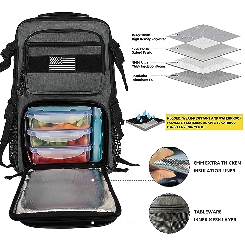 519 Fitness [Tactical All-Around] Modular Meal Prep Backpack - Stealth Grey - Fits 17" Laptop - Removable Meal Part, Hydration Bladder, 3 Containers, 2 Ice Packs & US Flag Patch