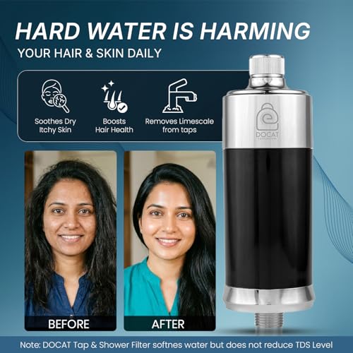 Image of DOCAT 15 Stage Shower & Tap Filter for Hard Water | Water Softener for Bathroom | Reduces Hair Fall, Skin Dryness & Limescale | Chlorine Removal | Fits for Tap, Shower, Hand Shower | Black