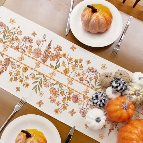 Image of Fall Floral Butterfly Table Runner Wildflower Burlap Table Runners, Autumn Harvest Thanksgiving Seasonal Coffee Table Center Decor for Home Kitchen Dining Party Indoor Outdoor 13x90 Inch