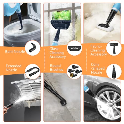 Image of Phueut Pressurized Handheld Multi-Surface Natural Steam Cleaner with 12 pcs Accessories, Multi-Purpose Steamer for Home Use, Steamer for Cleaning Floor, Upholstery, Grout and Car (Blue)