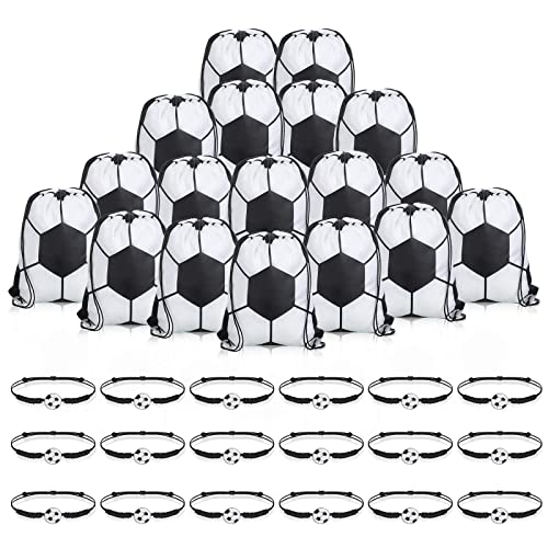 Reginary 18 Pcs Soccer Drawstring Bag and 18 Pcs Soccer Bracelet Bulk, Football Goodie Bags Drawstring Backpack Adjustable Braided Charm Bracelet Party Favors Supplies Gift for Boys Girls