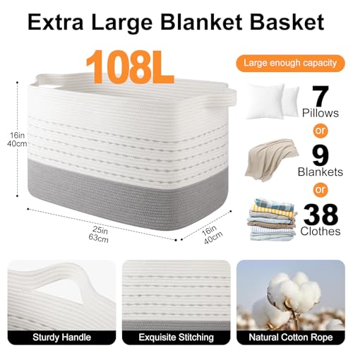 Image of OIAHOMY 108L Extra Large Blanket Basket, 25 inchx16 inchx16 inch Rectangle Woven Cotton Rope Baskets for Living Room, Toy Storage with Handle- Gradient Grey