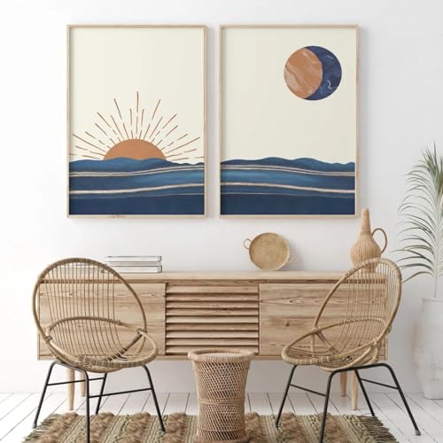 Affiches nordique de salon paysage Toile abstrait océan soleil lune