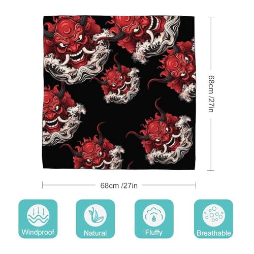 Generic Japanese Wave Demon Red Samurai Oni Mask Head Scarf Square Bandana Neck Scarfs Hair Wrap Scarves for Women Men, 0ne size2