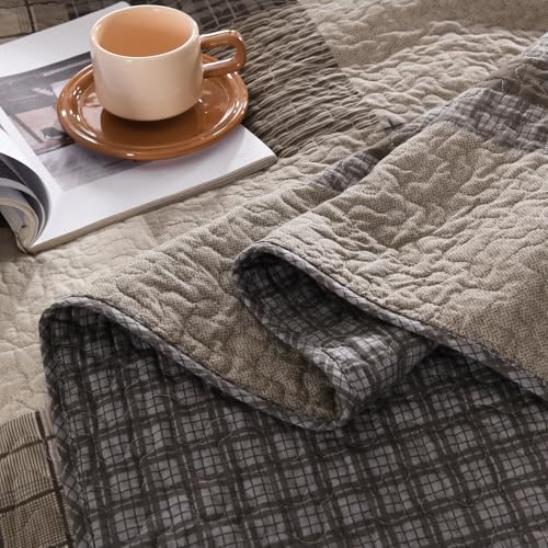 Image of EWlinens 120 inchx120 inch Oversized King Bedspread - 100% Cotton Lightweight California King Bedspreads Coverlet Set, Farmhouse Patchwork Plaid Reversible Quilts Bedding Set, 3pcs, Brown /Beige /Khaki