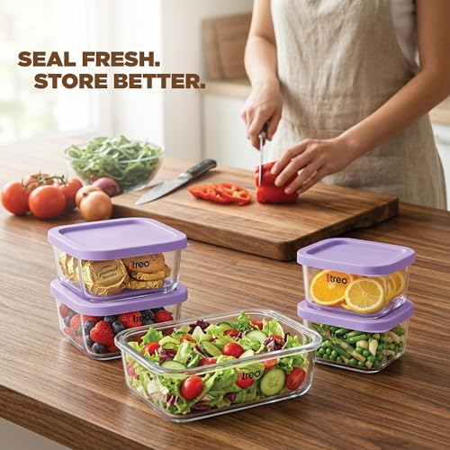 Image of Treo By Milton Nutri Borosilicate Glass Containers for Fridge Storage Set of 6 (2 x 310ml, 2 x 520ml, 1 x 750ml, 1 x 1200ml) Stackable Glass Container with Lid, Microwave & Dishwasher Safe, Purple