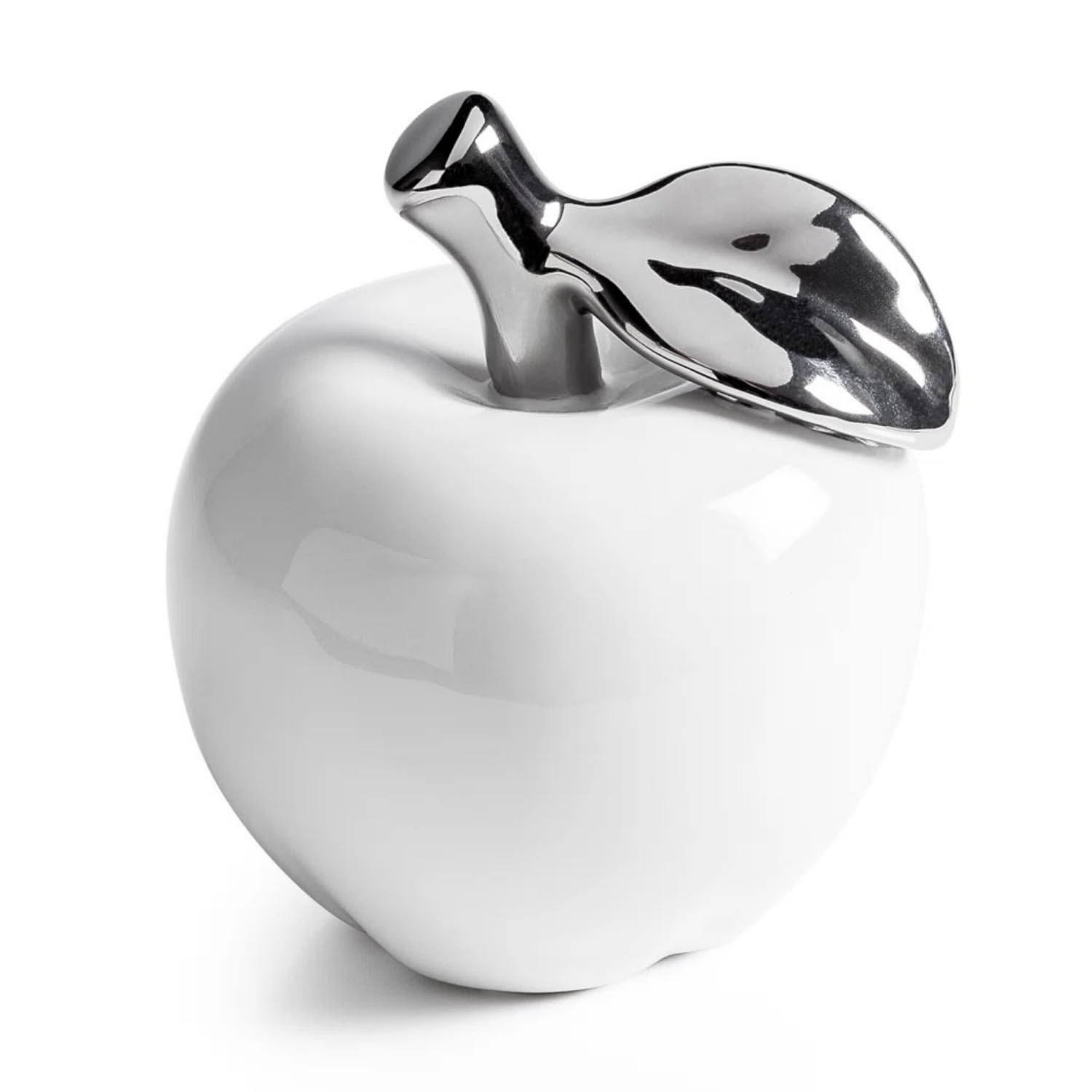 Torre & Tagus White Apple Decor Ceramic Fruit with Reflective Silver Stem, Gloss Finish for Elegant Home Decor, Decorative Apples for Bookcase, Shelf, Table in Living Room or Wedding Gift (Orchard)