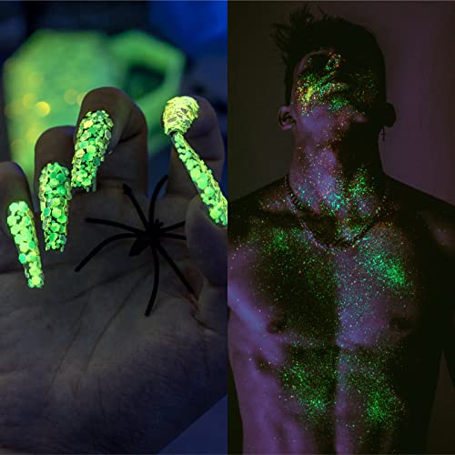 NODDWAY Glow in The Dark Glitter, 2 OZ High-Luminous Chunky Glitter for Epoxy Resin/Turmbler, Halloween Nail Glitter Chunky Glitter for Body,Face,Slime,Festival Party Decor