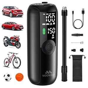 Woowind LP1 Compresor Aire Portatil 150PSI – Inflador Ruedas Coche Recargable USB-C, Hinchador Electrico para Moto/Bicicleta/Balones, Bomba Bicicleta con Pantalla LCD, Inflador Electrico con Luz LED