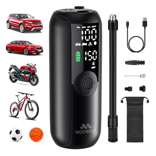 Woowind Elektrische Fietspomp, Bandenpomp, 1-minuut-opblazen, 150 PSI/10,3 BAR Draagbare Luchtcompressor voor auto, fietsen, motoren en ballen – LED-licht & automatische uitschakeling