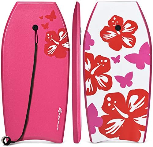Goplus Boogie Boards for Beach, 37-41'' Super Lightweight Body Board with EPS Core, XPE Deck, HDPE Slick Bottom, Wrist Leash for Sea, Pool, Bodyboard Surfing for Kids Teens Adults (37 inch, Rose)