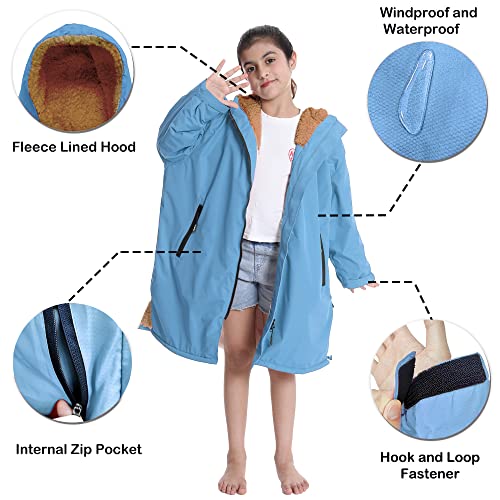 Image of Hiturbo Warm Kids Swim Parka: Waterproof Changing Robe - Oversize Swimming Coat - Hooded Surf Poncho - Thick Lining (7-14Y)