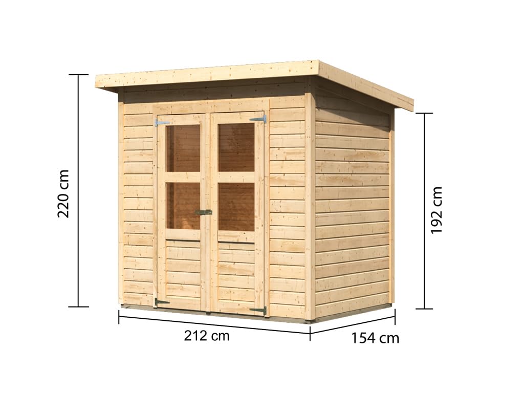 Karibu Gartenhaus | Gerätehaus mit 14 mm Wandstärke | Doppeltür mit Lichtausschnitten | Schuppen: 3,26 m² Grundfläche | Steck-/Schraubsystem | Naturbelassen | 240 x 175 x 220 cm
