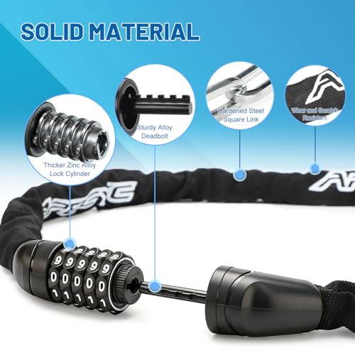 Image of APECYC Bike Lock, 3 /4 /5 /6FT Heavy Duty Anti Theft 5-Digit Combo Chain Lock | Resettable Combination Bicycle Lock, Keyless and Long Security Chain Lock for E-bike, Scooter, Bike Rack, Commuting & Outdoor