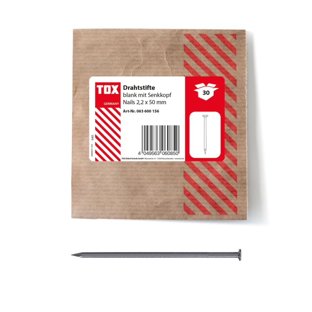 Thread Nails 2,2x50 mm with countersunk Head for Simple Wood Joints and Flat Surfaces, Plain Steel, 30 pcs. in resealable and Environmentally Friendly Paper Packaging, 063600156