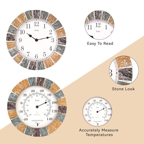 Lily'S Home SW1485-1513 Indoor Or Outdoor Large Hanging Wall Clock And Thermometer Set. Made Of Durable Polyresin Plastic. 10 Inch Inch Diameter. thumb #2