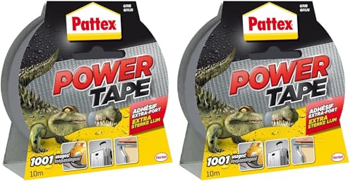 Pattex Power Tape, Ruban adhésif gris de 10m, extra fort pour charges lourdes, Bande adhésive toilée tous supports, Rouleau adhésif étanche (Lot de 2)