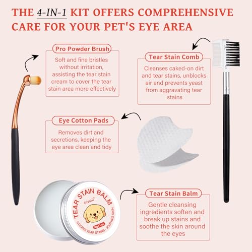 Tränenfleckentferner Kit für Hund & Katze mit Tränenfleckenbalsam, Tränenfleckenkamm, Pro Puderbürste, Augenpads, Sanfte Augenpflege - Reiniger zur Entfernung von Tränenflecken, Augenschmutz, Ausfluss