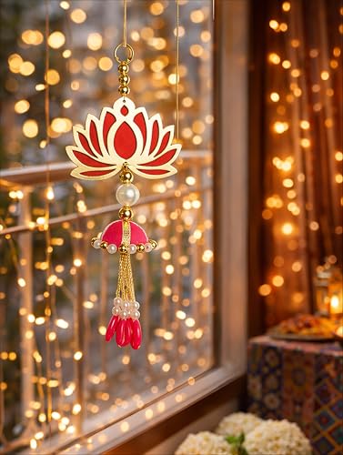 Image of Handcrafted Decorative Wall Decor Lotus Jhumki Hanging Ornament for Ganpati Diwali Navratri and Pooja Setup Home Entrance Mandir Temple Decor Pack of 6