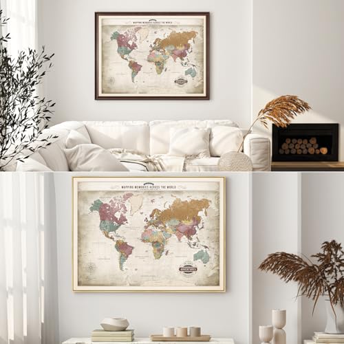 Image of DECORARTS - Oversized Personalized World Travel Map with Pins, Custom Name, Pin Board Canvas Wall Art, Vintage Pastel World Decor, Optional Wood Frame, Giclee Print, Handcrafted in USA, 40x30''