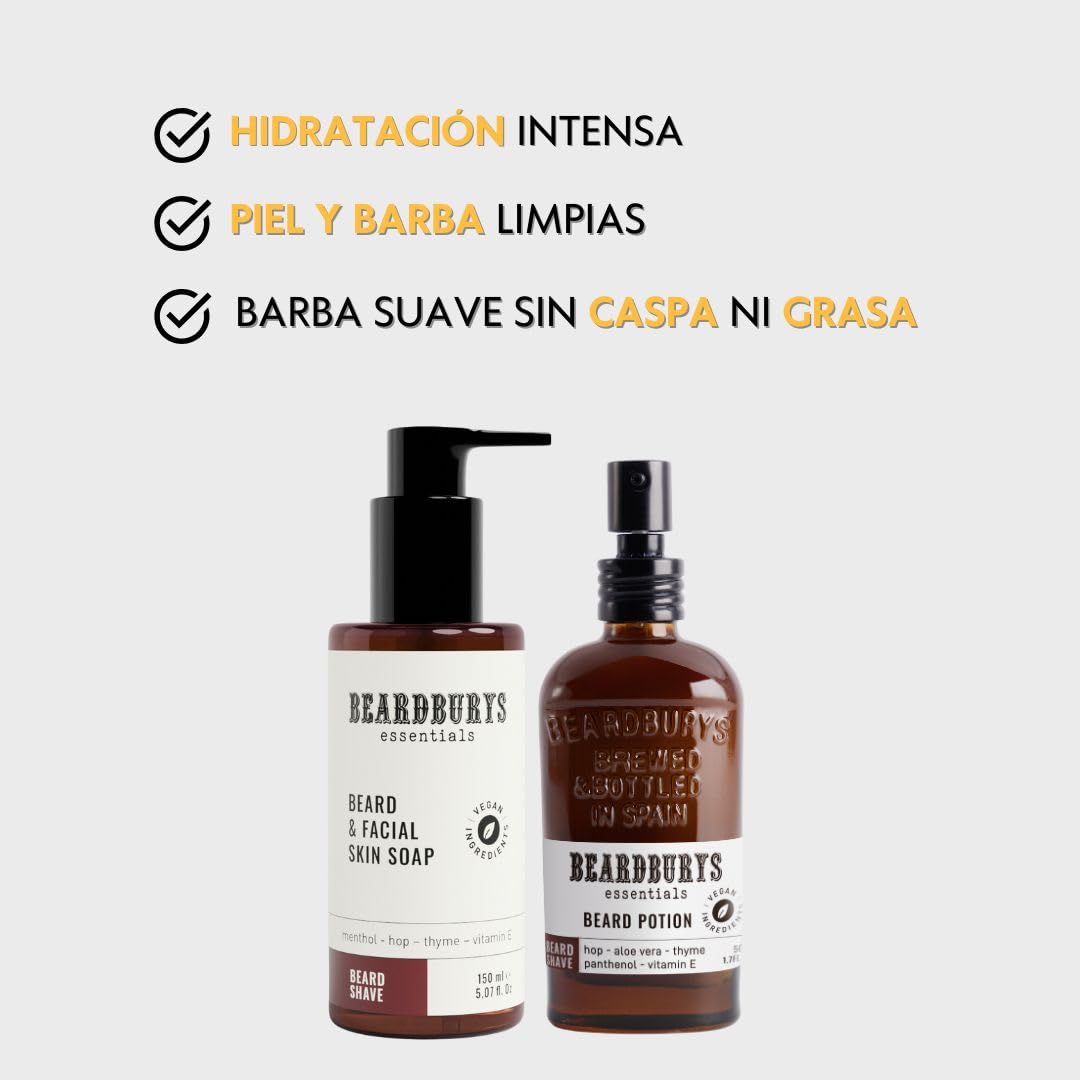 Essentials Skincare - Pack Cuidado Barba Hombre Diario | Incluye Limpiador Barba y Cara + Acondicionador Barba | Antiarrugas, sin Picores y Fórmula de Rápida Absorción