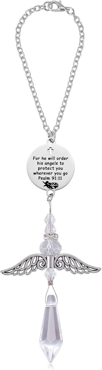 Psalm 91:11 Guardian Angel Car Charm for Rear View Mirror, Christian Car Accessories, Crystal Suncatcher Religious Drive Safe Gift