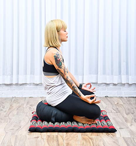 Image of Leewadee Meditation Cushion Set - 1 Round Zafu Meditation Pillow and 1 Square Roll-Up Zabuton Meditation Mat, Pillows Bundle Filled with Kapok