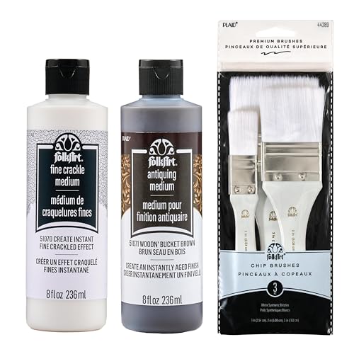 FolkArt Vintage Effects Paint Mediums Kit 5 Piece Set Includes 2 Mediums and 3 Chip Brushes for DIY Arts and Crafts Projects
